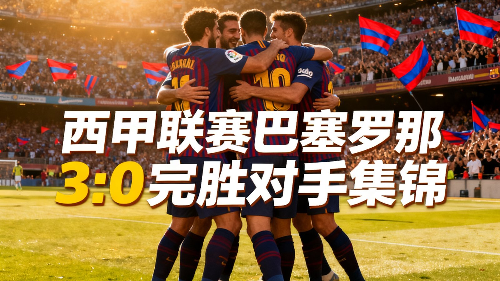 西甲联赛巴塞罗那主场3:0完胜对手的集锦封面，诺坎普球场草皮上球员们围抱庆祝，阳光洒满球场，看台上挥舞着红蓝相间的队旗。